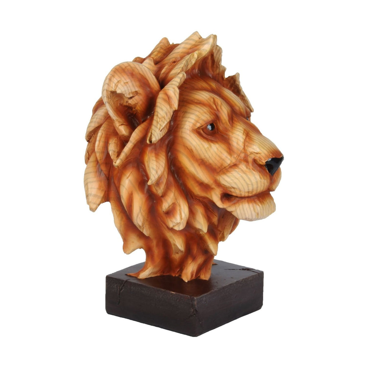 Lion head figurine in wood-effect resin with tan and brown grain detailing, layered mane, glossy eyes, and black nose, mounted on a square dark brown base against a white background.