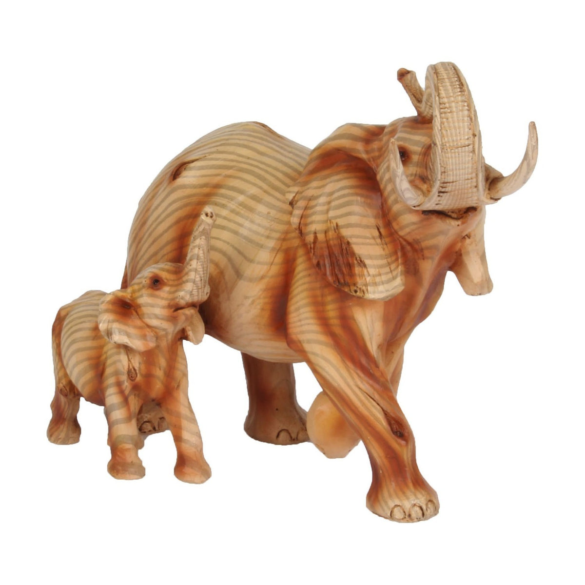 Elephant & Calf wood effect resin figurine in brown, mother with curved tusks mid-stride beside calf, both trunks raised, wood-grain finish on plain white background.