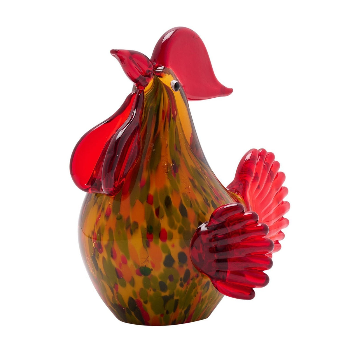 Speckled Cockerel Glass Figurine with Fan Tail - Red & Green