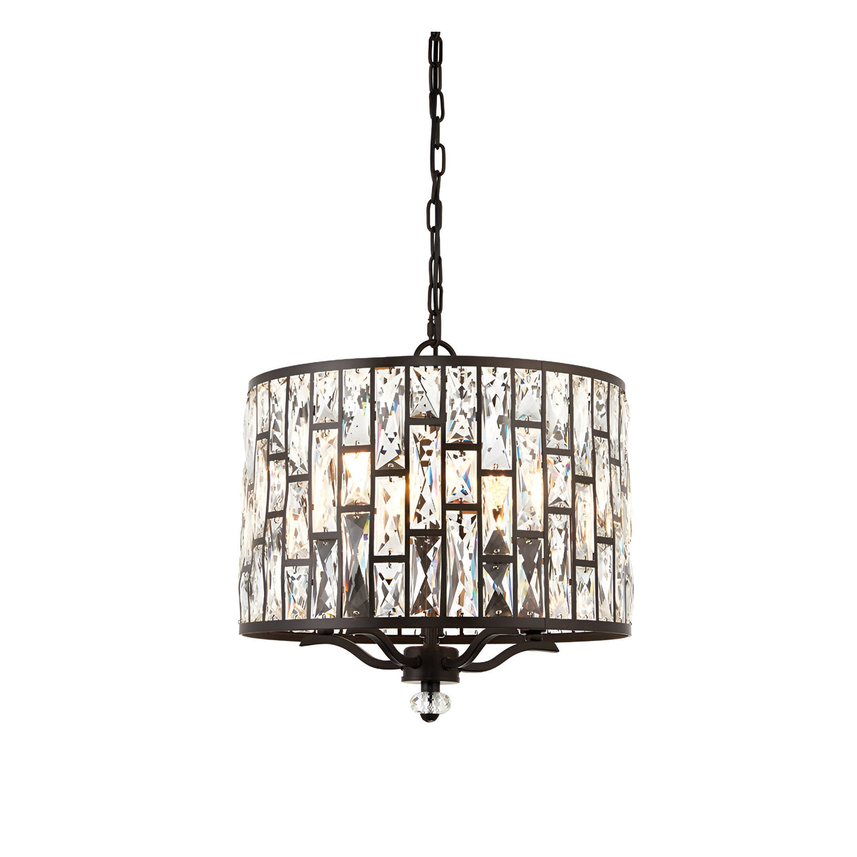 Endon Aldwick 5 light pendant in dark bronze finish with tiered faceted crystal drum shade suspended from a chain, shown on a plain white background.
