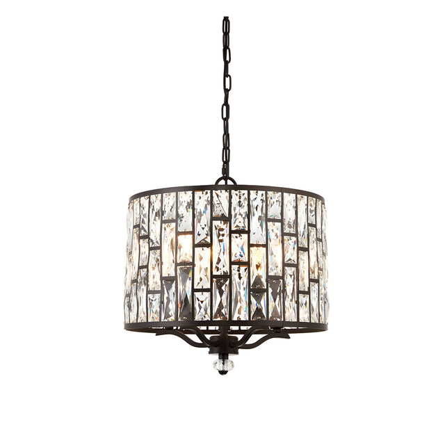 Endon Aldwick 5 light pendant in dark bronze finish with tiered faceted crystal drum shade suspended from a chain, shown on a plain white background.