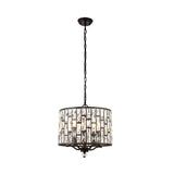 Endon Aldwick 5 light pendant in dark bronze with tiered faceted K5 glass crystal drum shade and chain suspension, shown on a plain white background.