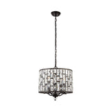 Endon Aldwick 5 light pendant in dark bronze finish with tiered faceted glass crystals in a drum shade, suspended from a chain on a white background.