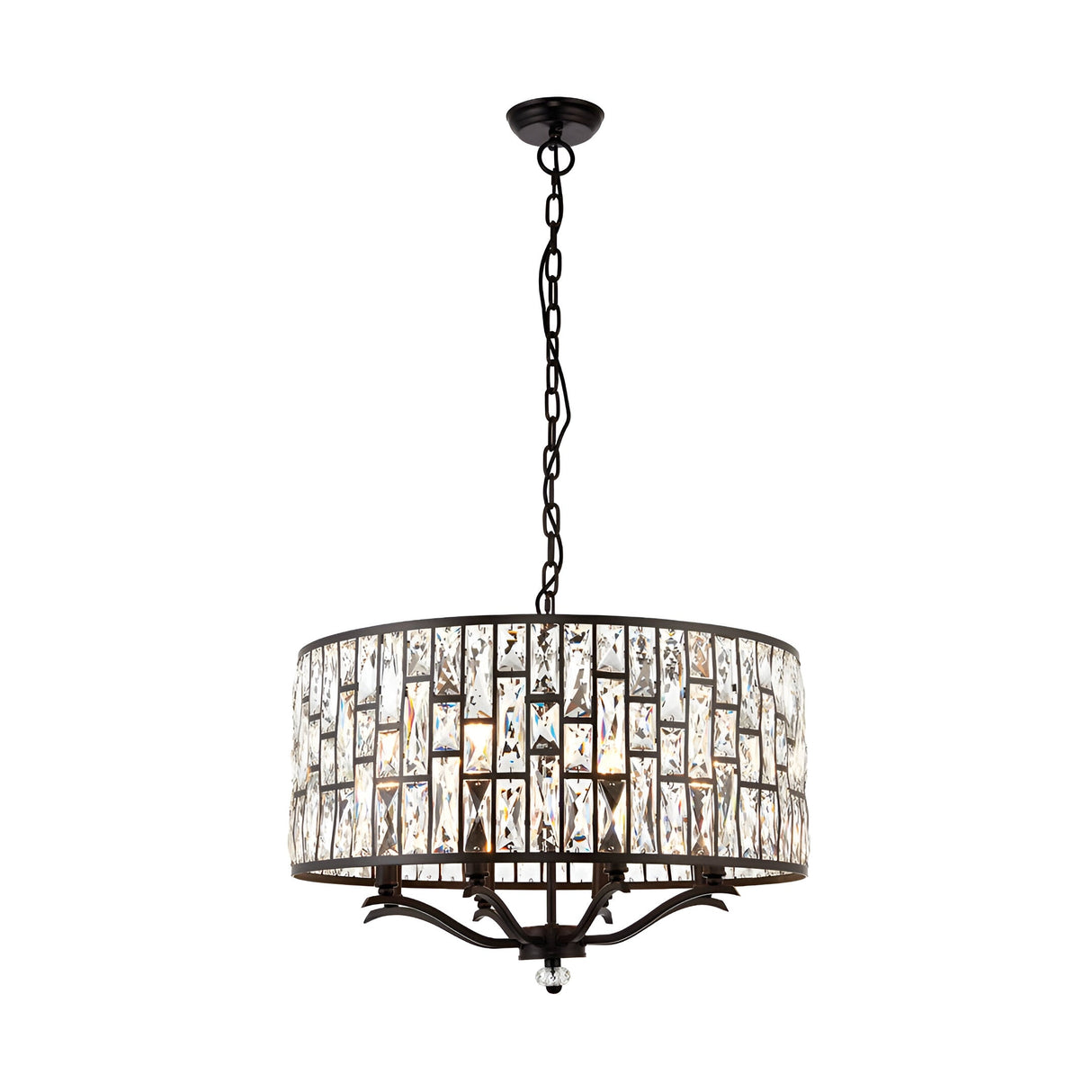 Endon Aldwick 8 light pendant in dark bronze with tiered faceted crystal drum shade suspended from a chain, shown on a plain white background.