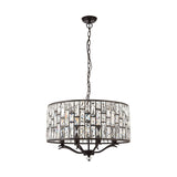 Endon Aldwick 8 light pendant in dark bronze with tiered K5 faceted crystal drum shade, suspended on chain from ceiling rose against a white background.