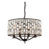 Endon Aldwick 8 light pendant in dark bronze with a tiered drum shade of faceted clear K5 crystals, suspended from a chain on a white background.