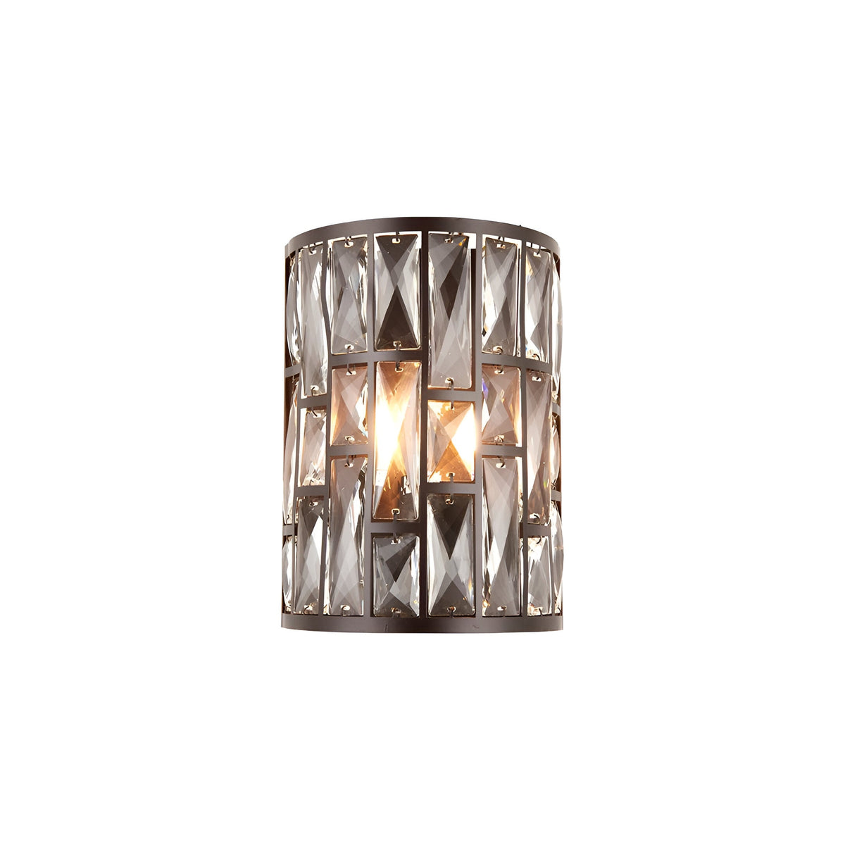 Endon Aldwick wall light with tiered faceted clear crystals set in a dark bronze cylindrical frame, illuminated by a single E14 bulb, on a white background.