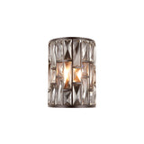 Endon Aldwick wall light with tiered faceted clear crystals set in a dark bronze cylindrical frame, illuminated by a single E14 bulb, on a white background.