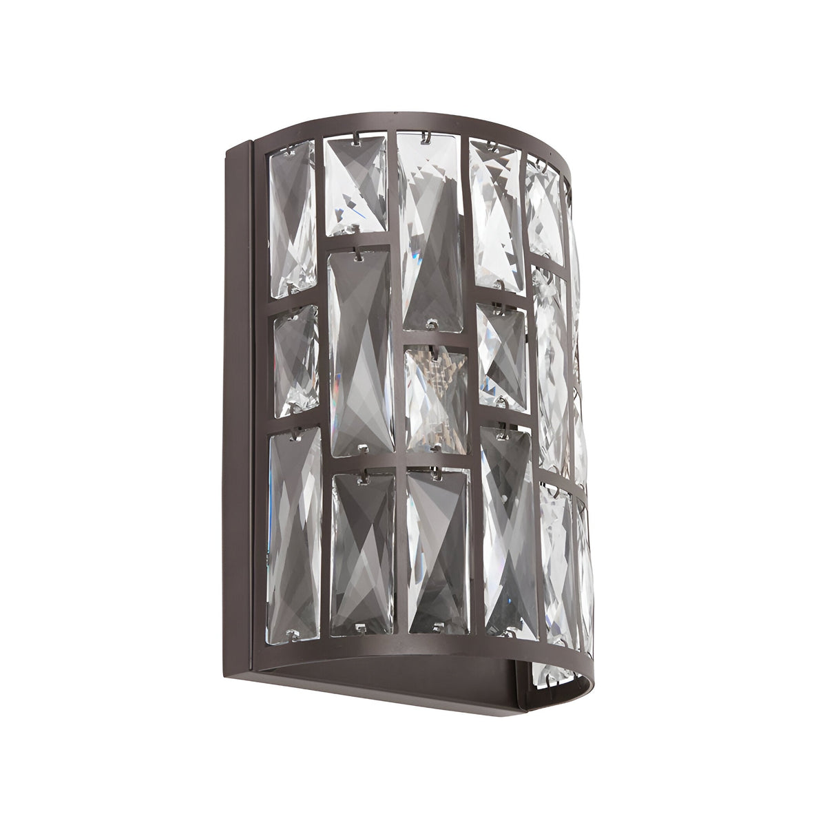 Endon Aldwick 1-light wall fixture with tiered faceted clear crystals set in a curved dark bronze frame, shown on a plain white background.