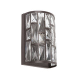 Endon Aldwick 1-light wall fixture with tiered faceted clear crystals set in a curved dark bronze frame, shown on a plain white background.