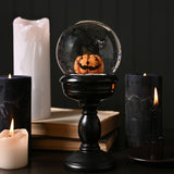 Cat and Pumpkin Glass Snow Globe with Pedestal Stand - Black