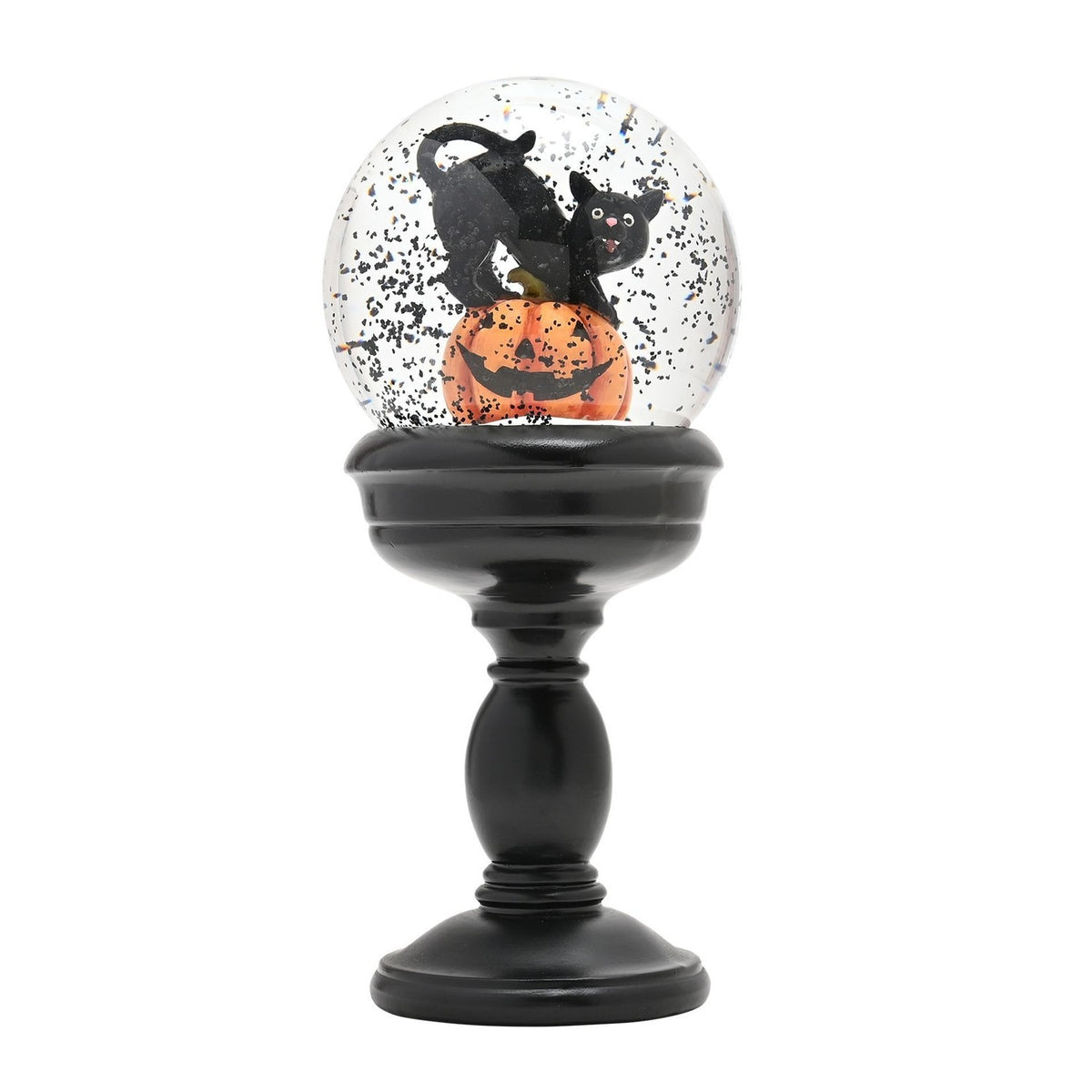 Cat and Pumpkin Glass Snow Globe with Pedestal Stand - Black