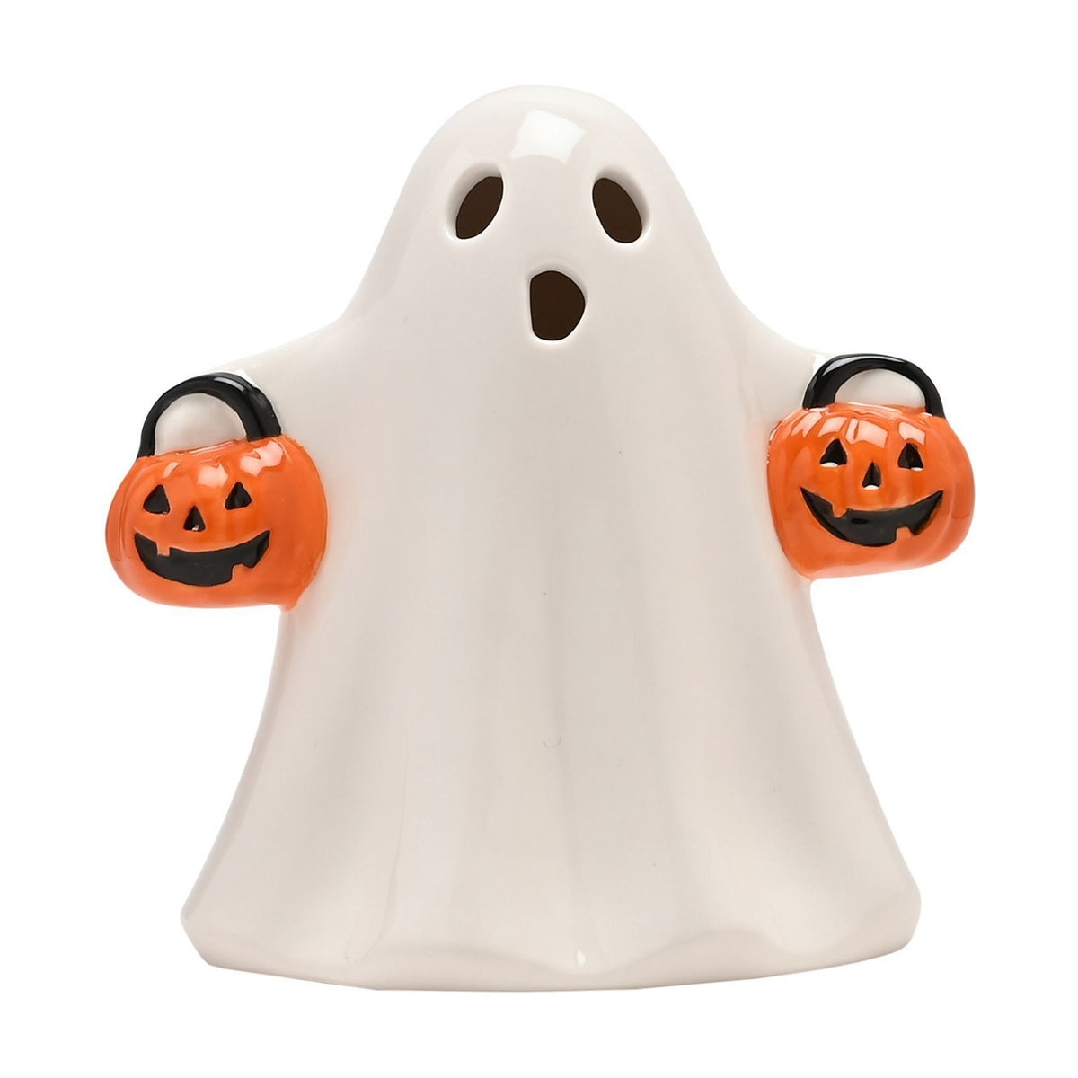 LED Ghost Ceramic Light-Up Decoration with Pumpkins - White
