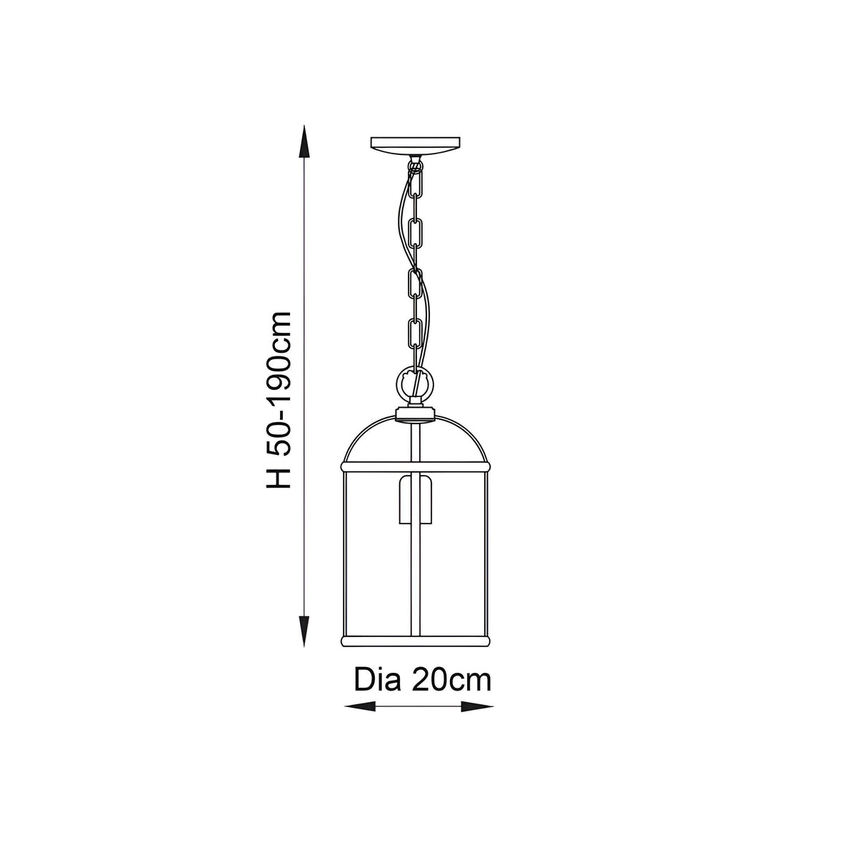 Technical drawing of the Caldbury brass lantern pendant light with glass-panelled shade on adjustable chain, height 50-190cm, 20cm diameter.