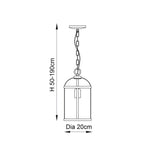 Technical drawing of the Caldbury brass lantern pendant light with glass-panelled shade on adjustable chain, height 50-190cm, 20cm diameter.