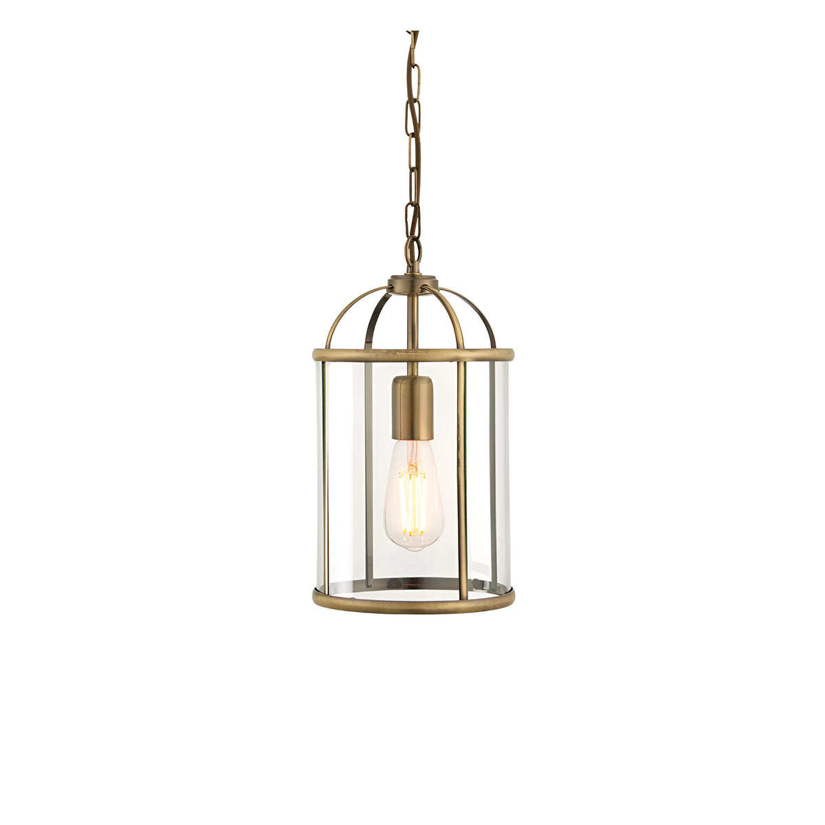 Caldbury Pendant Light in brass, a single-light lantern-style fixture with clear glass panels and E27 bulb, hung from a chain, on white background.