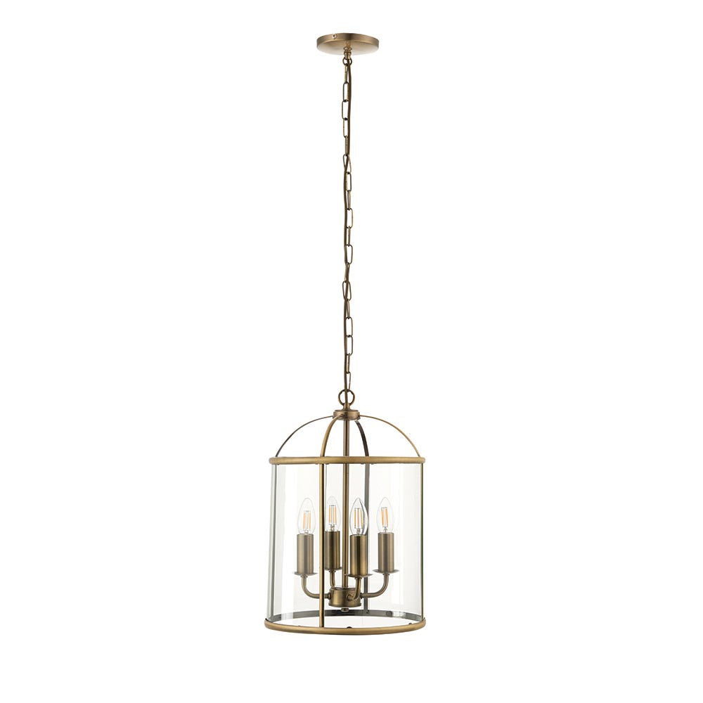 Caldbury 4 Light Pendant in brass with clear glass panels, cylindrical frame, four candle-style lamps, and long chain, shown on a white background.