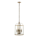 Caldbury 4 Light Pendant in brass with clear glass panels, cylindrical frame, four candle-style lamps, and long chain, shown on a white background.