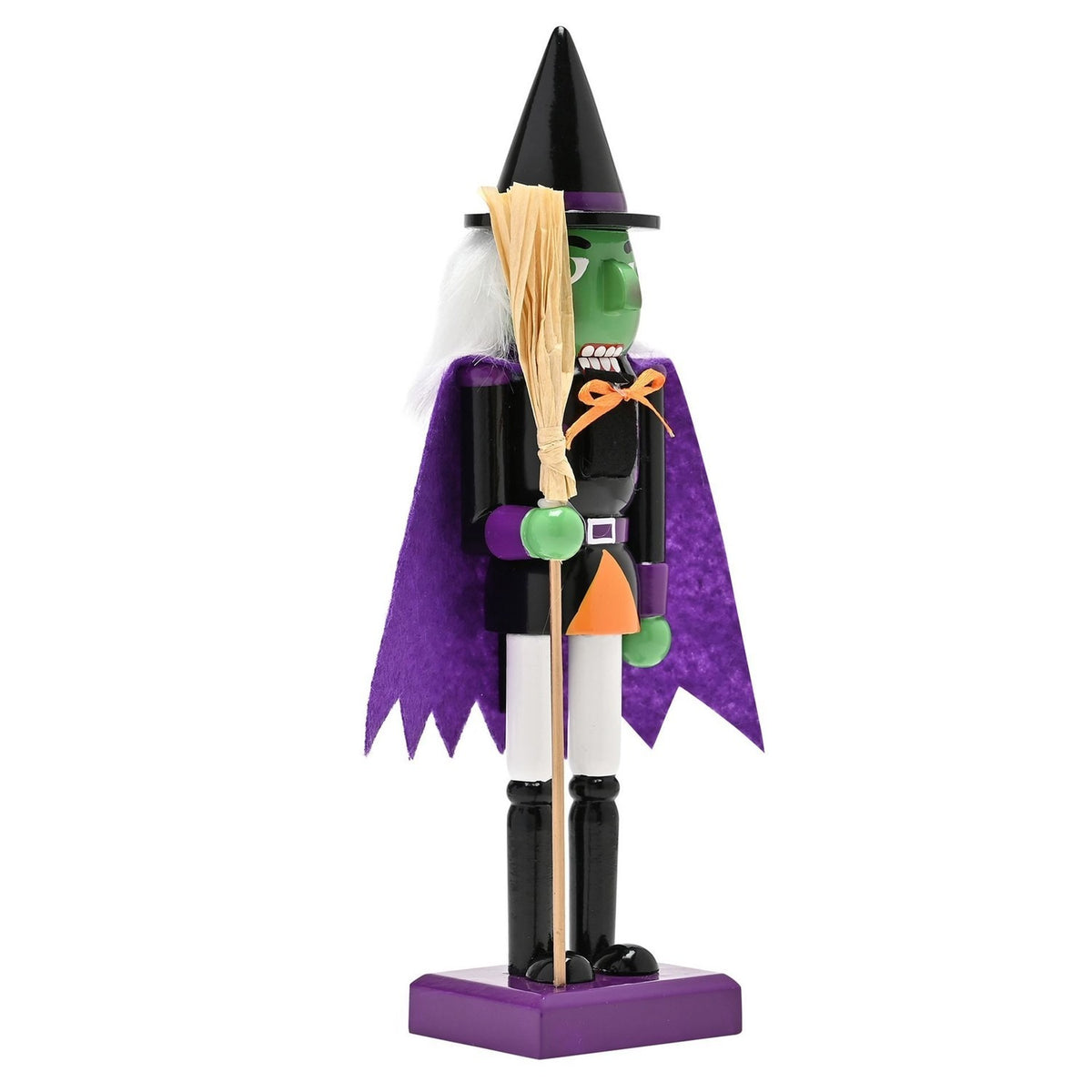 Wooden Nutcracker Witch Ornament with Broom 26cm - Purple