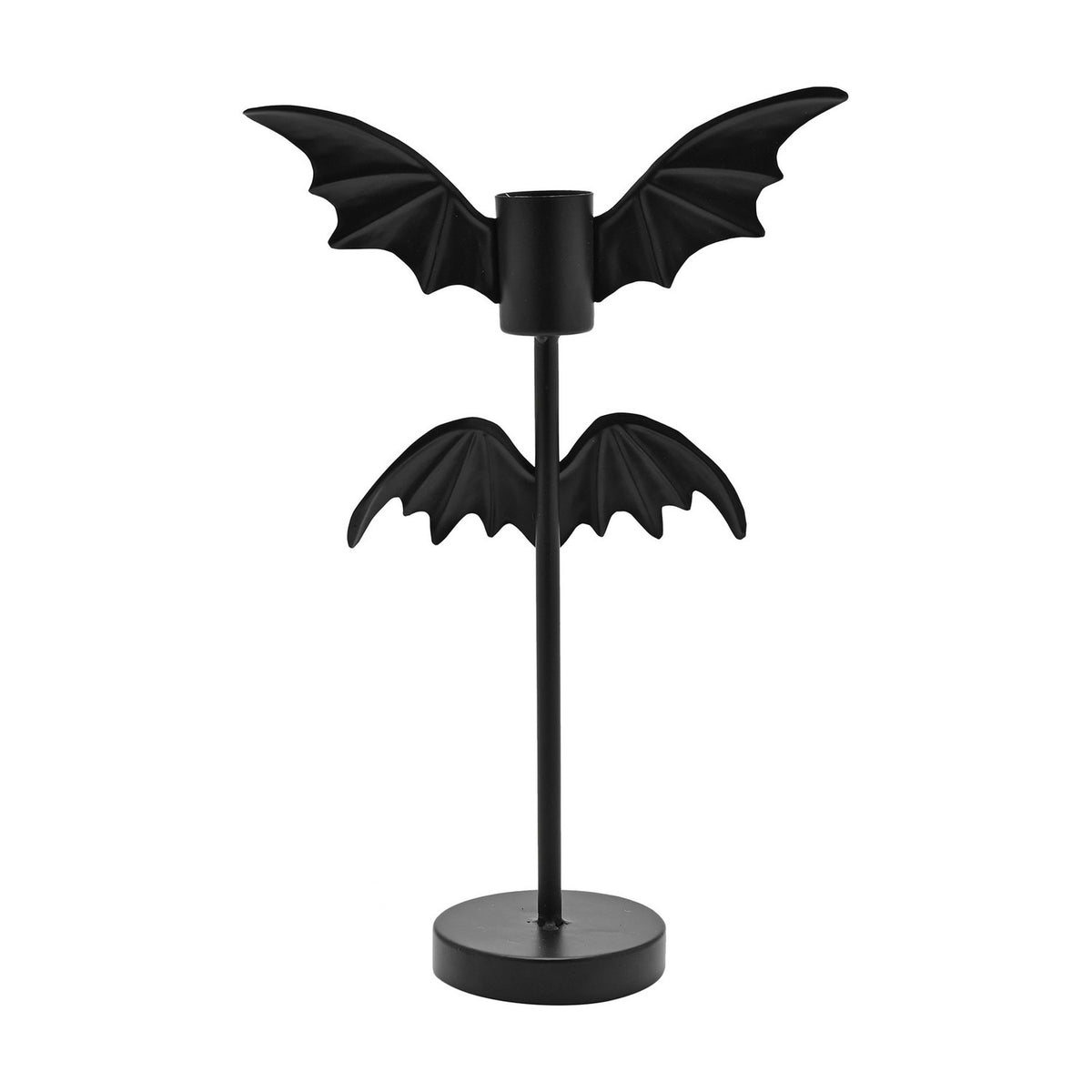 Black metal candle holder, 30cm, with a single candle cup flanked by wide bat wings and a smaller bat wing pair on the stem, set on a round base against a plain white background.