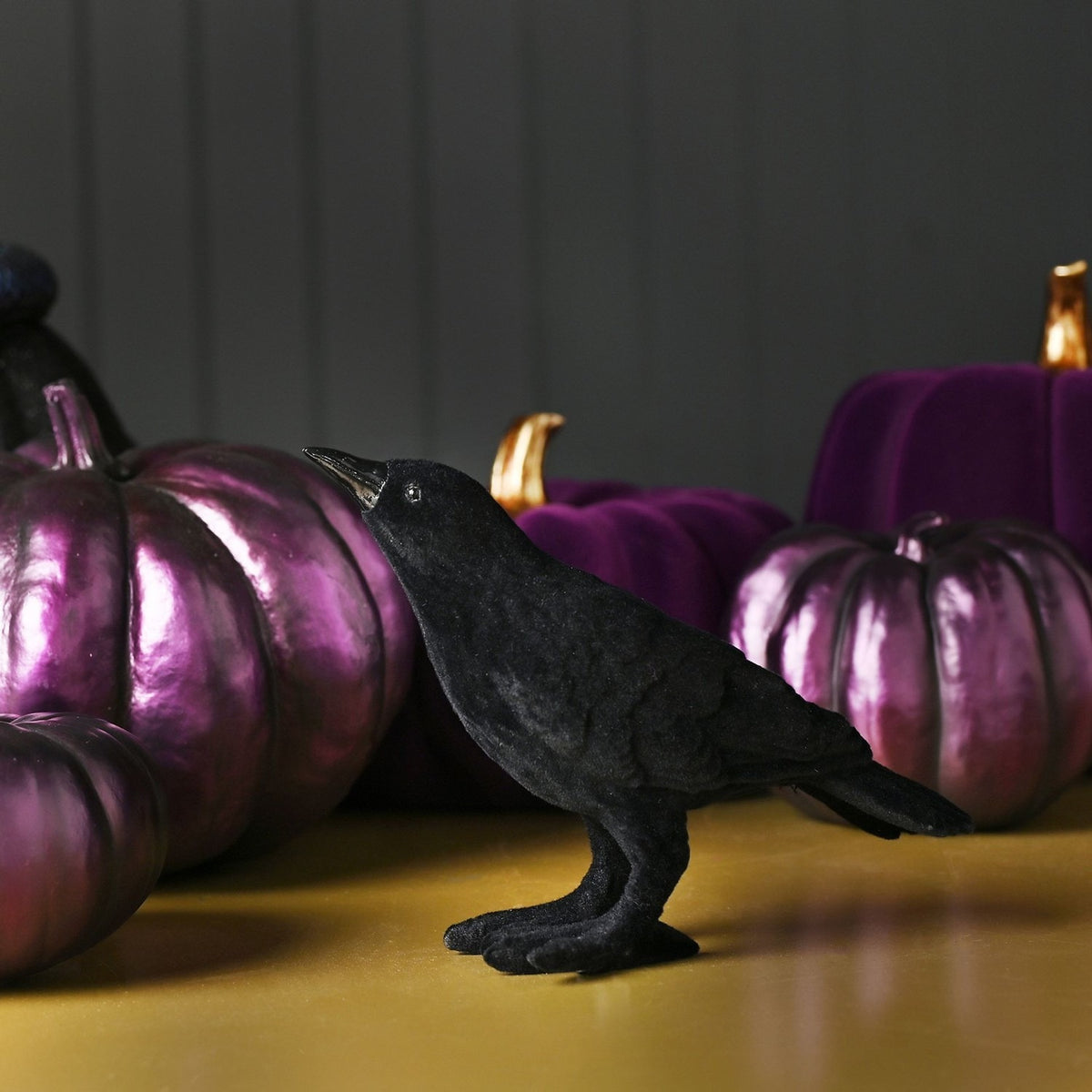 Halloween Freestanding Flocked Crow Resin Ornament - Black