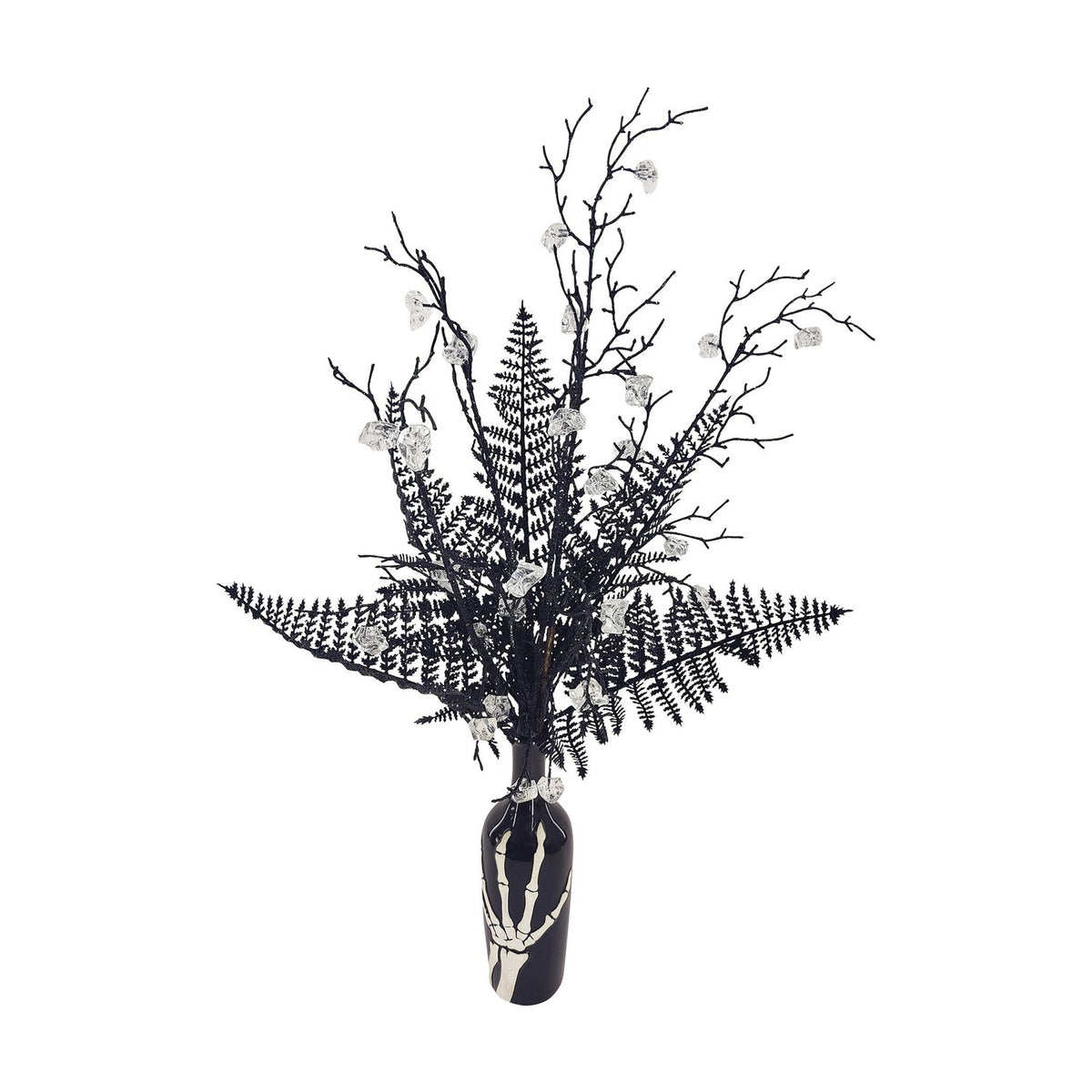 Potted Deadwood and Fern Ceramic Faux Plant 80cm in black glitter with clear faceted gems, set in a slim black ceramic bottle printed with a white skeleton hand, on a plain white background.