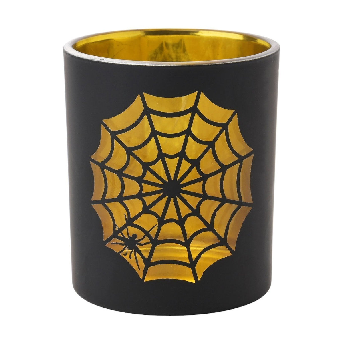 Cobweb and Spider Matt Glass Tea Light Candle Holder - Black