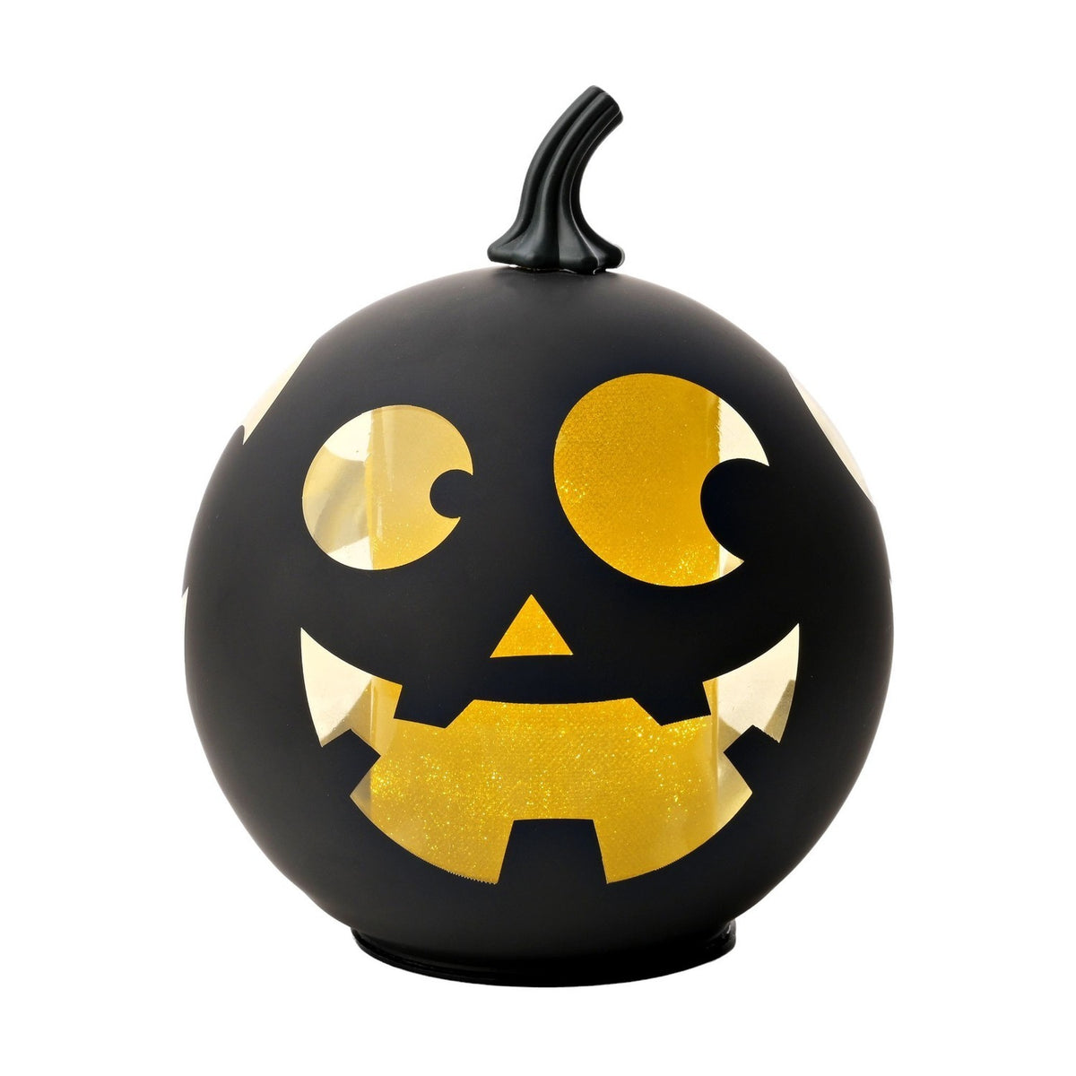 Large Smiling Face LED Glass Pumpkin Decoration in matt black with a curled stem, round eyes, triangle nose and toothy grin glowing gold, on a white background.