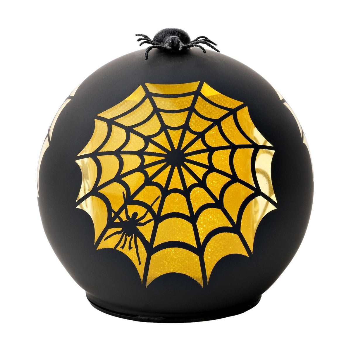 LED Matt Glass Cobweb Dome Light-Up Decoration 10cm in black, a round glass dome with a gold spiderweb design, a black spider on the web, and a 3D spider perched on top, shown on a white background.