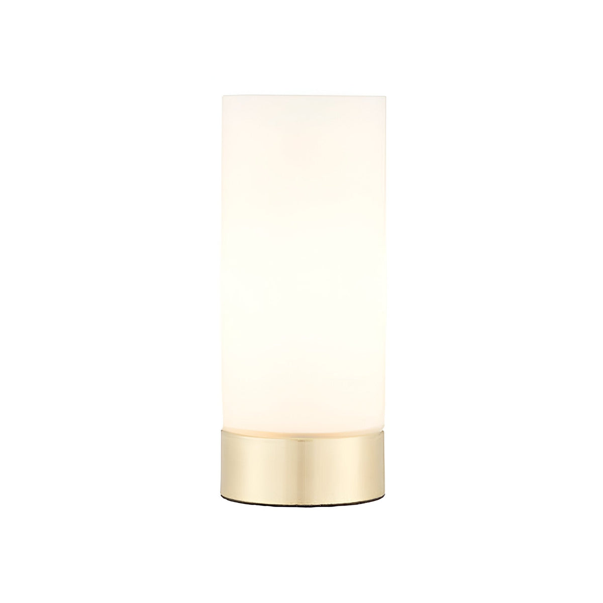 Endon Bracewell compact table lamp with matt opal glass cylindrical shade and brushed brass base, shown on a plain white background.