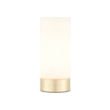 Endon Bracewell compact table lamp with matt opal glass cylindrical shade and brushed brass base, shown on a plain white background.