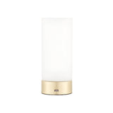 Endon Bracewell small table lamp with matt opal glass cylindrical shade, brushed brass base and integrated USB port, shown on a plain white background.