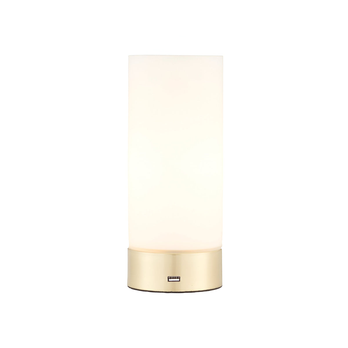 Endon Bracewell table lamp with a matt opal glass cylindrical shade and brushed brass base featuring a USB port, shown on a plain white background.
