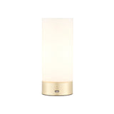 Endon Bracewell table lamp with a matt opal glass cylindrical shade and brushed brass base featuring a USB port, shown on a plain white background.