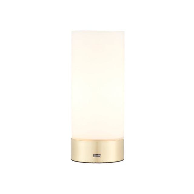 Endon Bracewell table lamp with a matt opal glass cylindrical shade and brushed brass base featuring a USB port, shown on a plain white background.