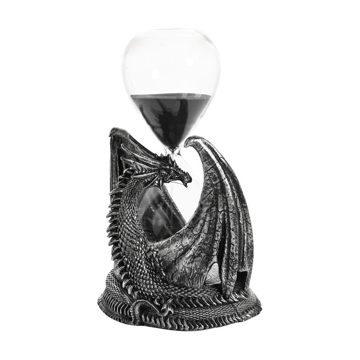 Dragon-Wrapped Resin Hourglass with Black Sand - Silver