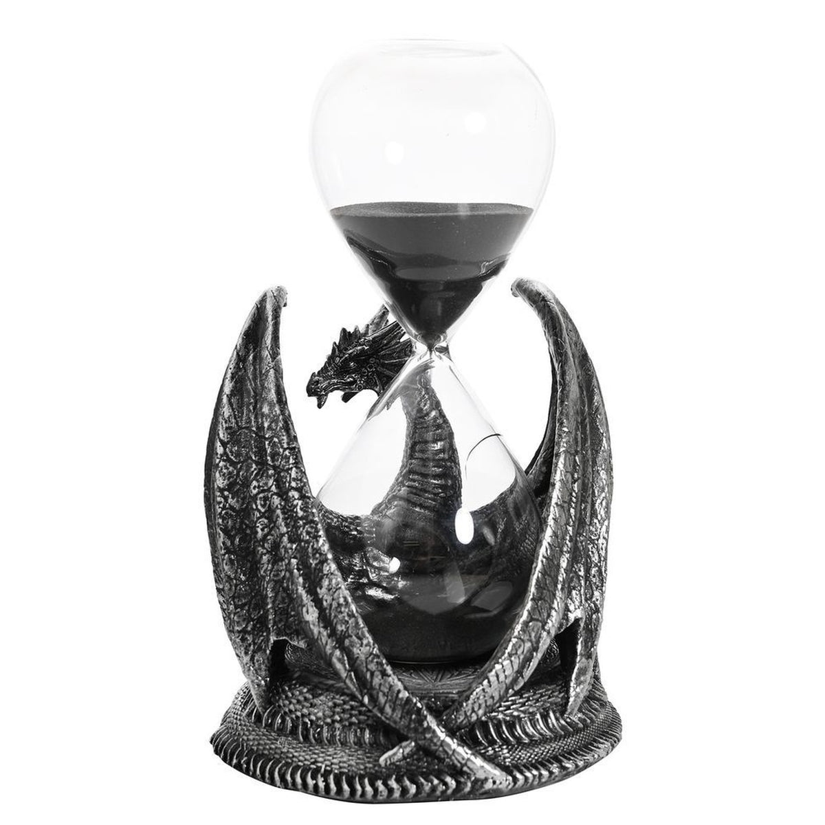 Dragon-Wrapped Resin Hourglass with Black Sand - Silver