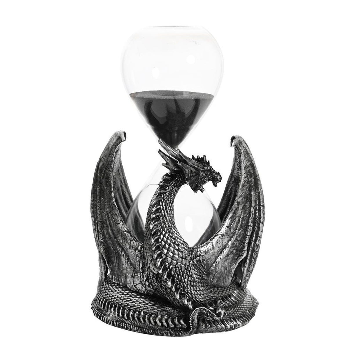 Dragon-Wrapped Resin Hourglass with Black Sand - Silver