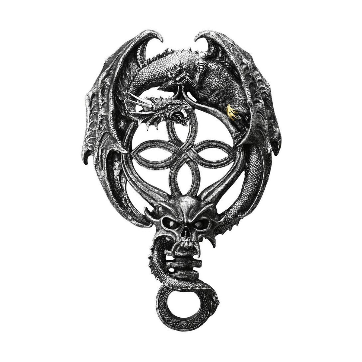 Dragon and Skull Celtic Knot resin wall plaque in antique silver, with a winged dragon curled above an open Celtic knot and a horned skull below, on a plain white background.