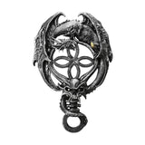 Dragon and Skull Celtic Knot resin wall plaque in antique silver, with a winged dragon curled above an open Celtic knot and a horned skull below, on a plain white background.