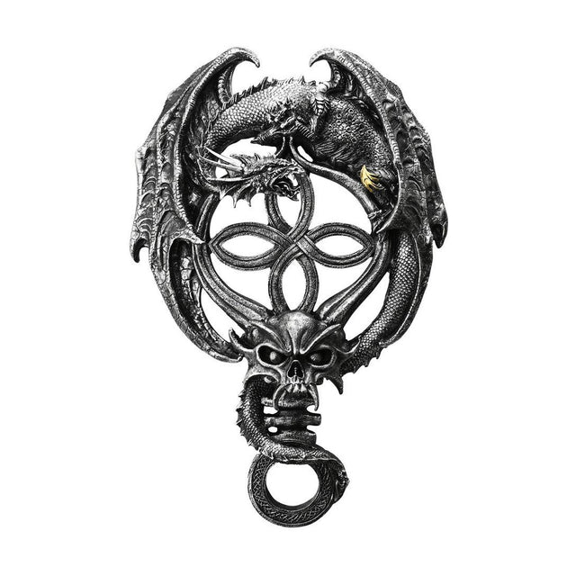 Dragon and Skull Celtic Knot resin wall plaque in antique silver, with a winged dragon curled above an open Celtic knot and a horned skull below, on a plain white background.