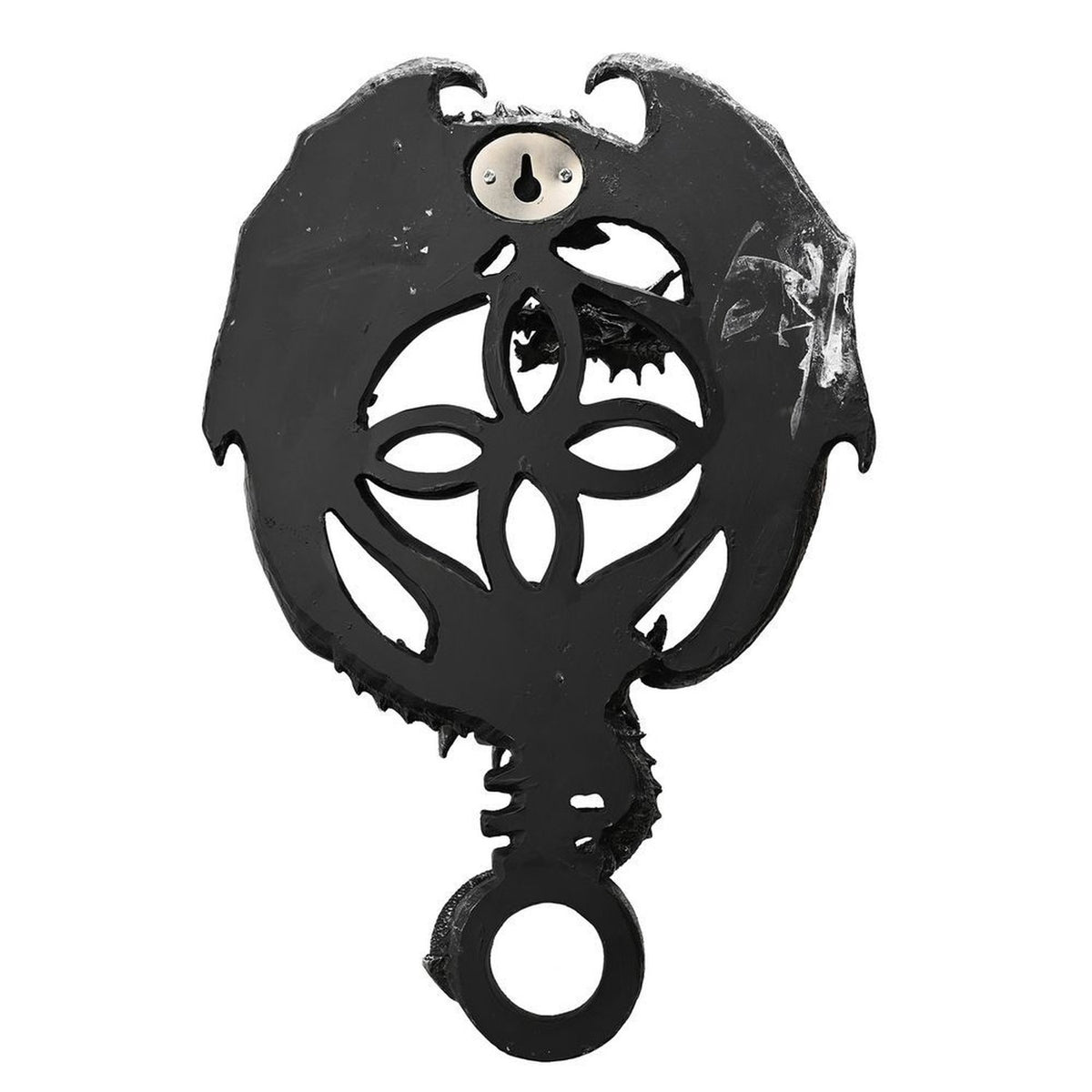 Dragon and Skull Celtic Knot resin wall plaque in black with a silver antique-effect finish, featuring a winged dragon encircling an open knot design above a horned skull, on a plain white background.