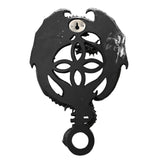Dragon and Skull Celtic Knot resin wall plaque in black with a silver antique-effect finish, featuring a winged dragon encircling an open knot design above a horned skull, on a plain white background.