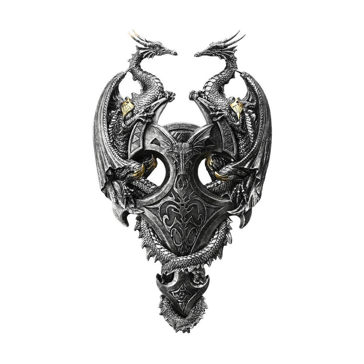 Twin Dragons Resin Wall Plaque with Gold Accents - Silver