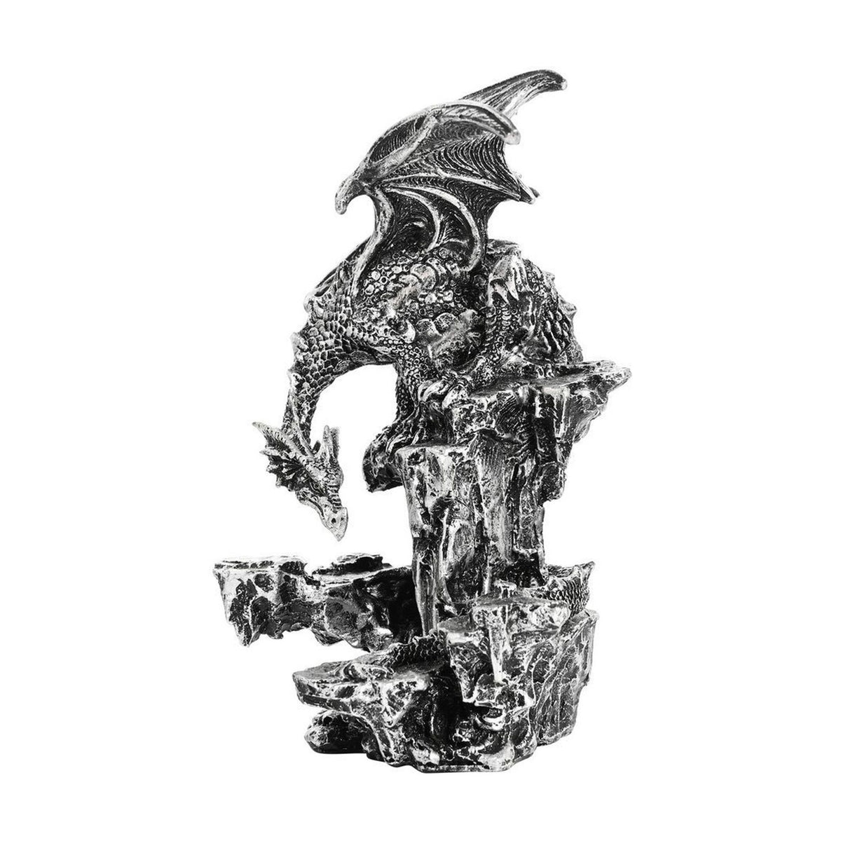 Dragon on Rocks resin figurine with raised ribbed wings and bowed scaled head perched atop a rugged rock column, metallic silver finish with dark shading, on a plain white background.