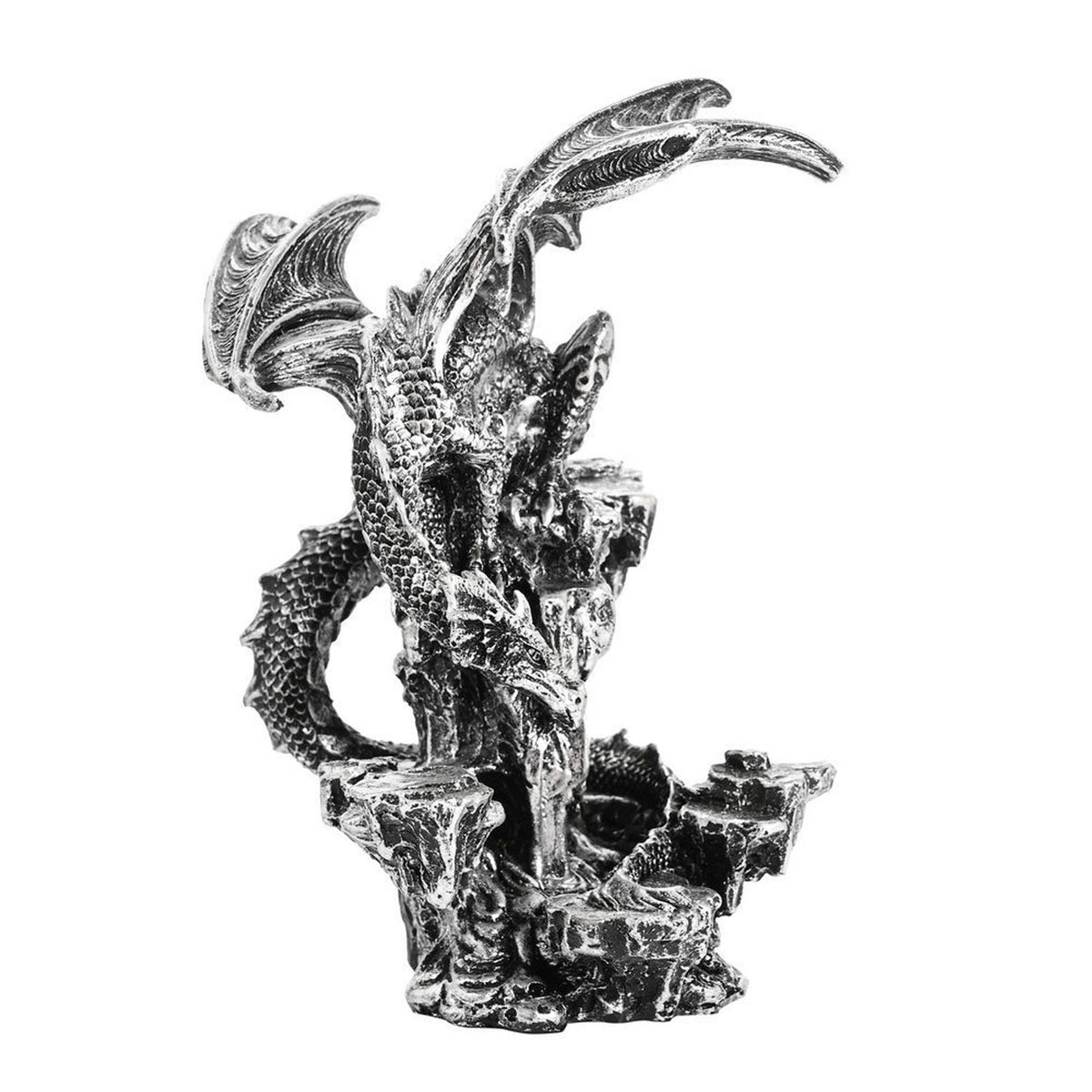 Dragon on Rocks resin figurine in metallic silver, perched with raised ribbed wings and bowed head atop a textured rocky column, tail curling around the base, on a plain white background.