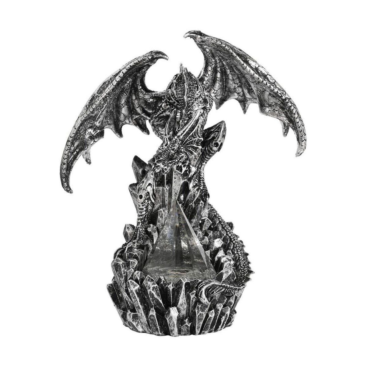 Winged Dragon and Pyramid Resin Figurine with Light - Silver