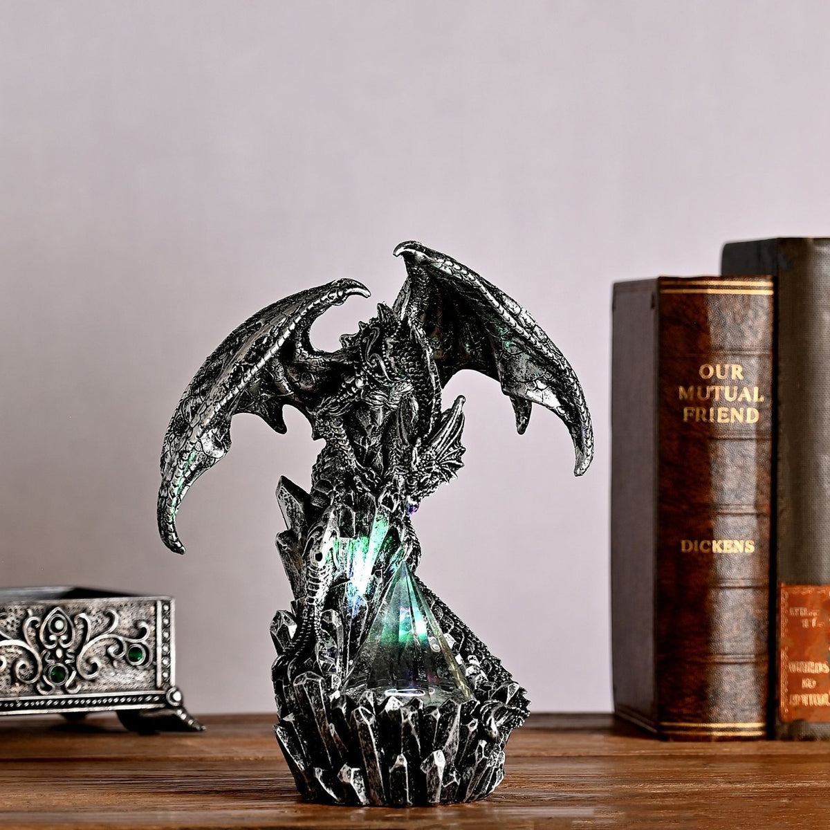 Winged Dragon and Pyramid Resin Figurine with Light - Silver