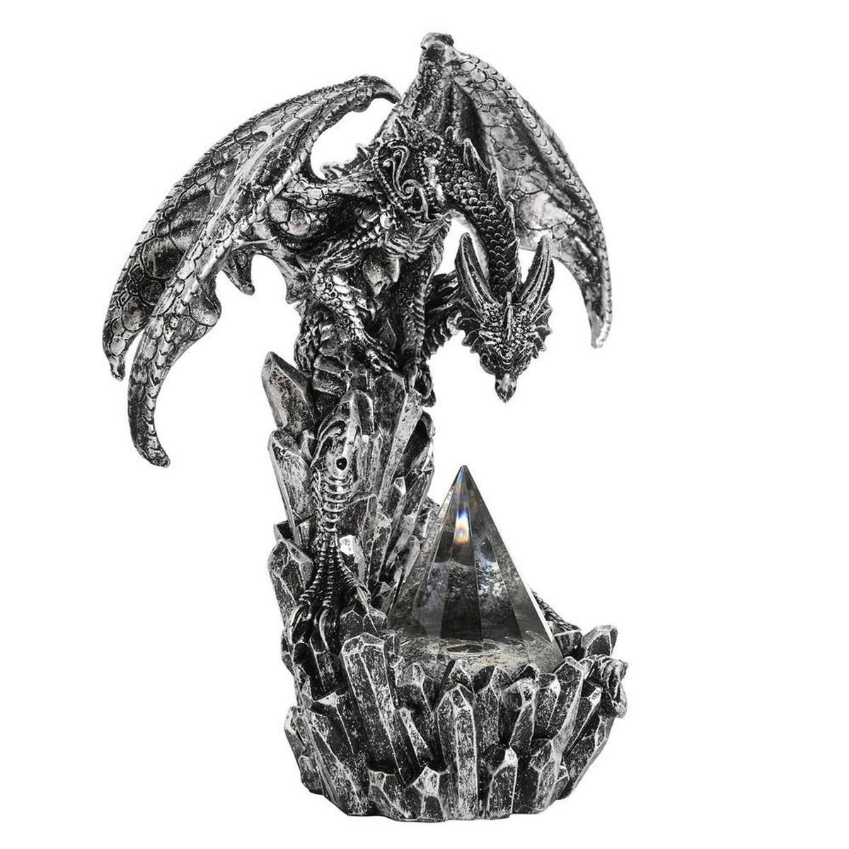 Winged Dragon and Pyramid Resin Figurine with Light - Silver