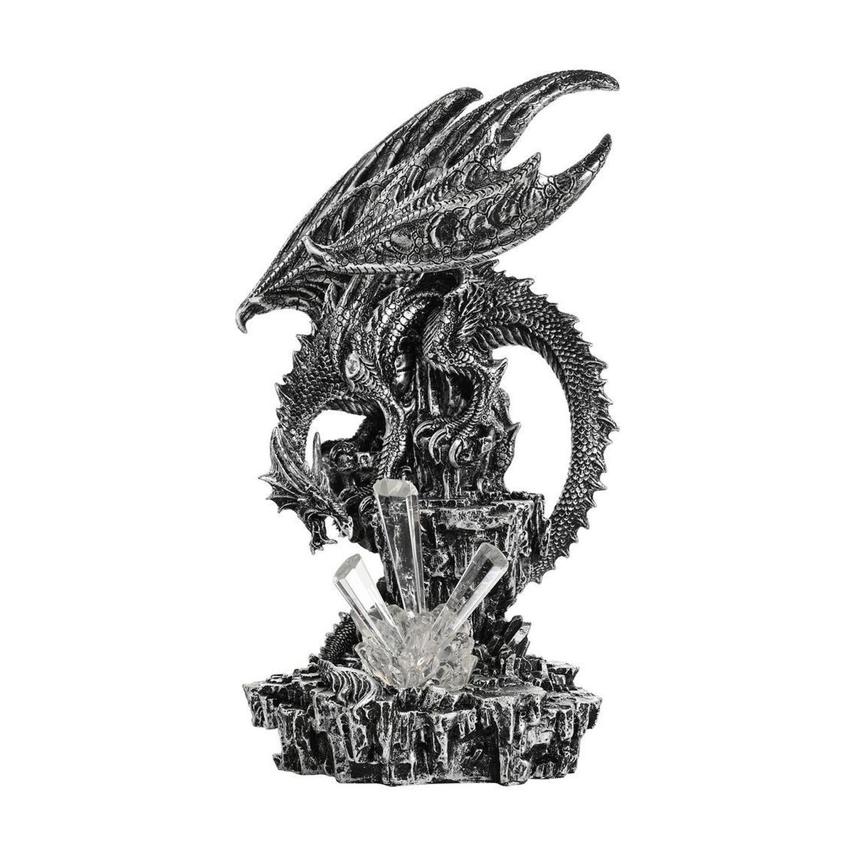 Large Dragon on Rock Resin Figurine with Light - Silver